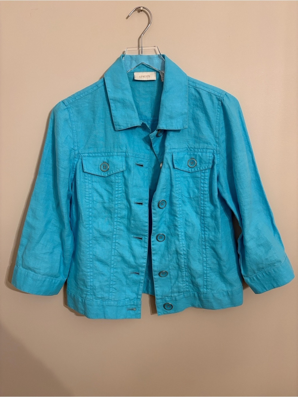 Chico’s Teal Linen Button-Front Lightweight Jacket